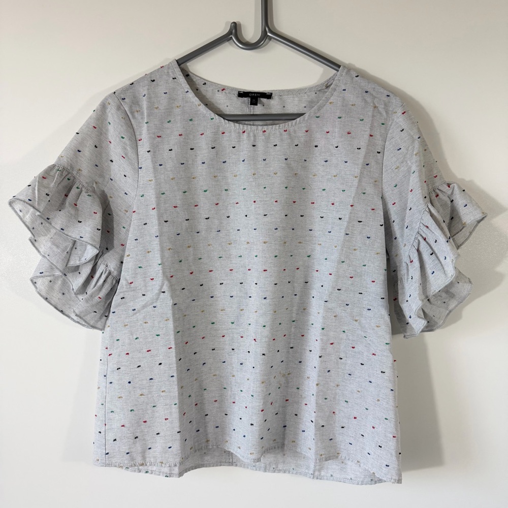 DREW Embroidered Swiss Dot Ruffle Sleeve Top Gray Rainbow Size M